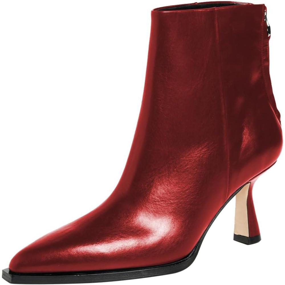 imageFSJ Women Pointed Toe Low Kitten Heel Ankle Boots Faux Leather Back Zipper Classic Short Booties Basic Office Dress Shoes Size 416 USRed