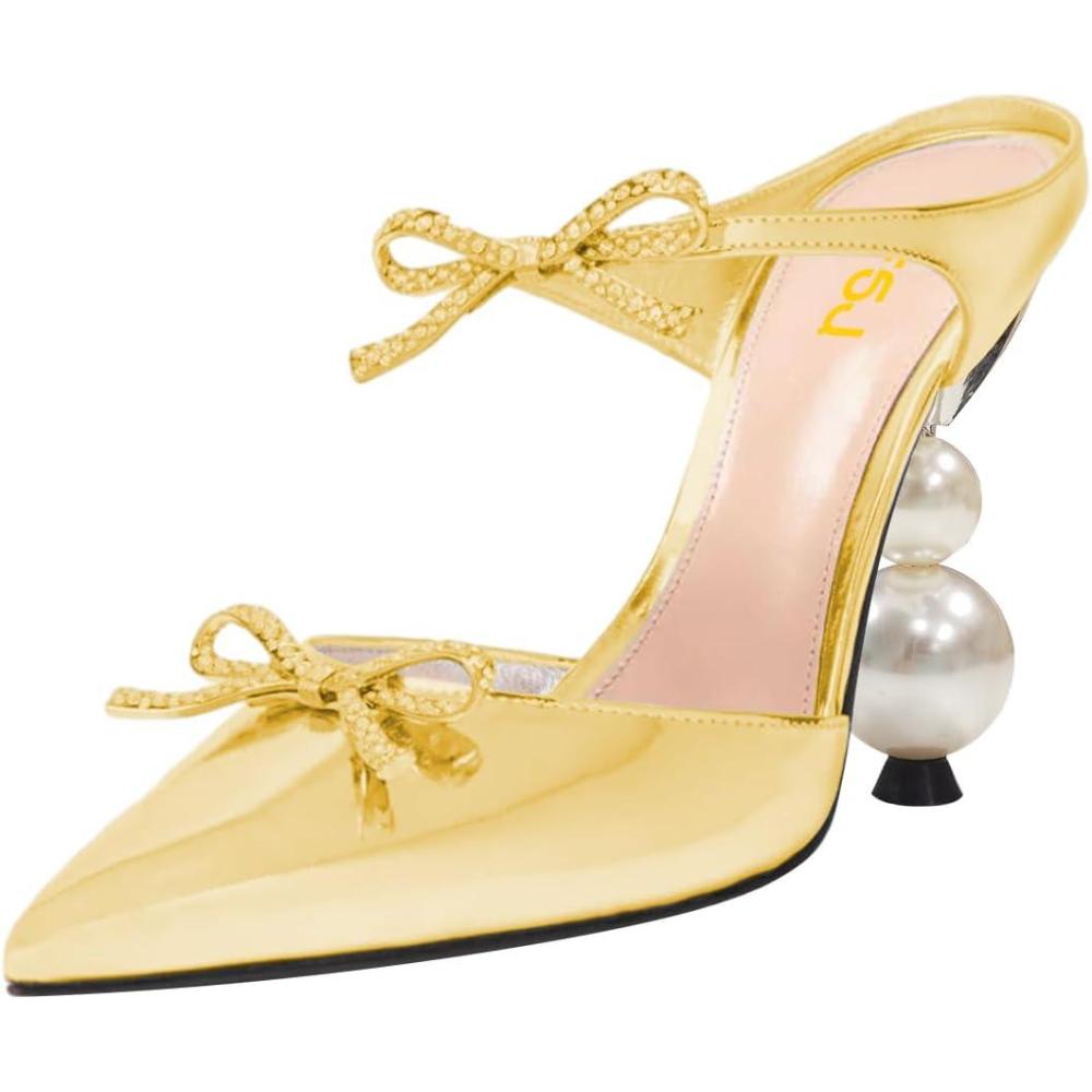imageFSJ Women Pointed Toe with Two Bows Mules Perals High Heel Sandal Slip On Sexy Backless Summer Slides Ladies Party Dress Shoes Size 416 USGold