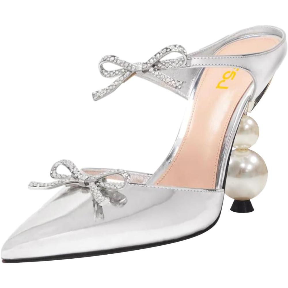 imageFSJ Women Pointed Toe with Two Bows Mules Perals High Heel Sandal Slip On Sexy Backless Summer Slides Ladies Party Dress Shoes Size 416 USSilver