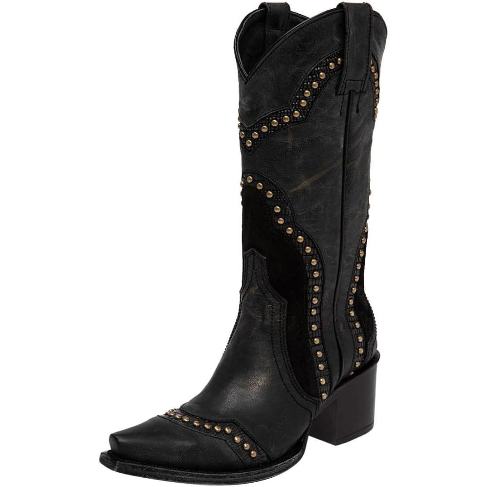 imageFSJ Women Retro Western Cowboy Boots with Studded Square Toe Stylish Low Block Heel Leather Cowgirl MidCalf Boots Shoes Size 416 USBlack