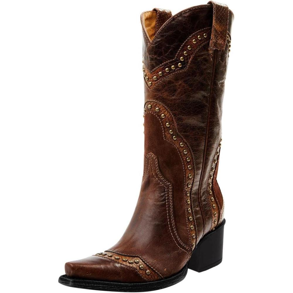 imageFSJ Women Retro Western Cowboy Boots with Studded Square Toe Stylish Low Block Heel Leather Cowgirl MidCalf Boots Shoes Size 416 USBrown