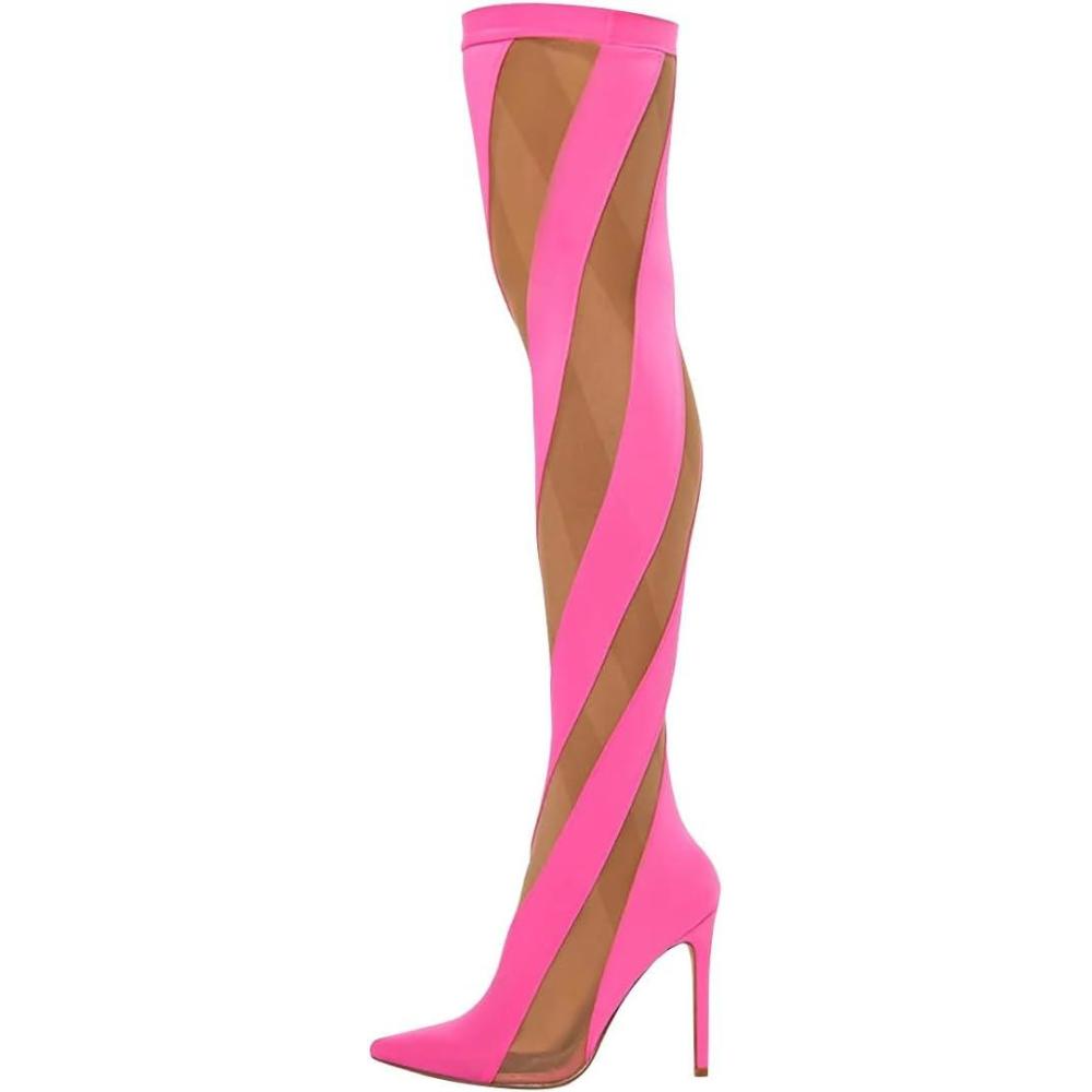 imageFSJ Women Sexy Pointed Toe Thigh High Boots Ladies Elastic Mesh Multicolor Over the Knee Boots Stretch Stiletto High Heel Long Nightclub Party Dress Shoes Size 416 USPink