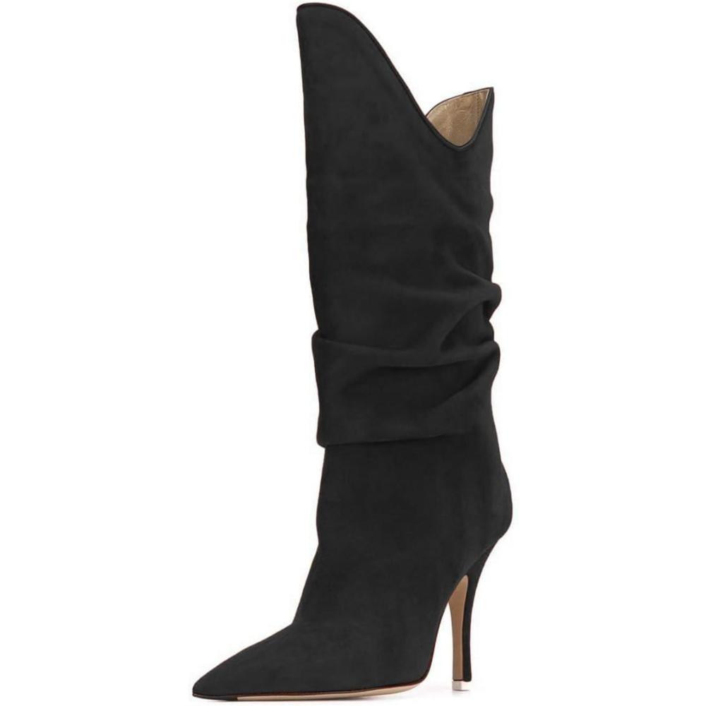 imageFSJ Women Slouchy Mid Calf Boots Pointed Toe Slim Stiletto High Heel Under Knee Boots V Cut Pointed Toe Pull On Winter Dress Shoe Size 415 USBlack