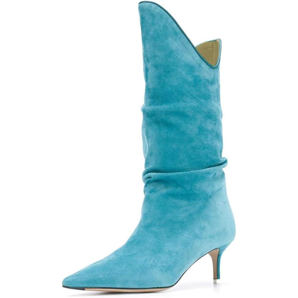 imageFSJ Women Slouchy Mid Calf Boots Pointed Toe Slim Stiletto High Heel Under Knee Boots V Cut Pointed Toe Pull On Winter Dress Shoe Size 415 USBlue