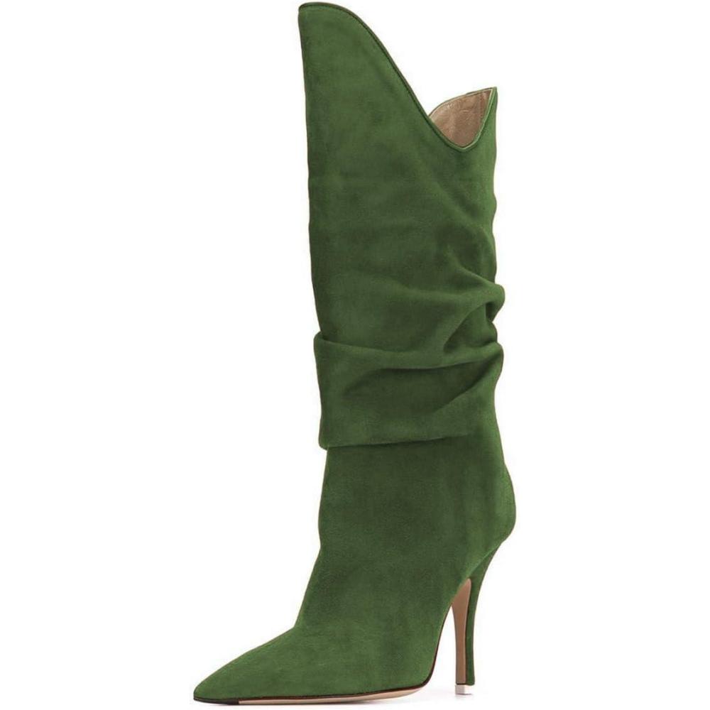 imageFSJ Women Slouchy Mid Calf Boots Pointed Toe Slim Stiletto High Heel Under Knee Boots V Cut Pointed Toe Pull On Winter Dress Shoe Size 415 USGreen