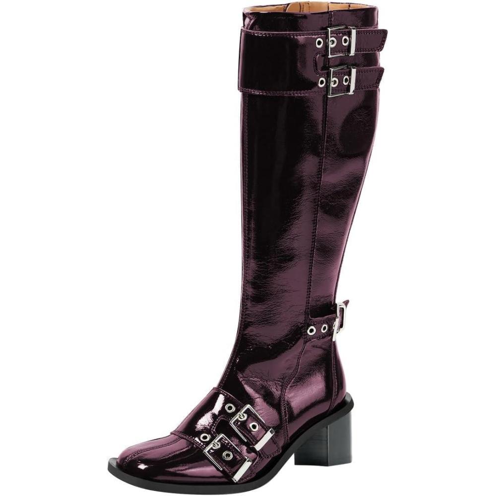 imageFSJ Women Studded Knee High Boots Side Zipper Motorcycle Riding Boot Square Toe Chunky Mid Heel Metal Buckle Strap Fashion Fall Winter Shoes Size 416 USDarkorchid