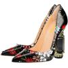 imageFSJ Women Bridal Pointed Toe Chunky Block High Heel Crystal Pumps Slip on Wedding Thick Comfort Evening Dress Studded Rivets ShoesBlack Flower