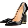imageFSJ Women Bridal Pointed Toe Chunky Block High Heel Crystal Pumps Slip on Wedding Thick Comfort Evening Dress Studded Rivets ShoesBlack Matte Leather