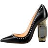 imageFSJ Women Bridal Pointed Toe Chunky Block High Heel Crystal Pumps Slip on Wedding Thick Comfort Evening Dress Studded Rivets ShoesBlack Matte Leather