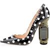 imageFSJ Women Bridal Pointed Toe Chunky Block High Heel Crystal Pumps Slip on Wedding Thick Comfort Evening Dress Studded Rivets ShoesBlack and White Polka Dots
