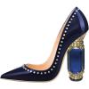 imageFSJ Women Bridal Pointed Toe Chunky Block High Heel Crystal Pumps Slip on Wedding Thick Comfort Evening Dress Studded Rivets ShoesBlue