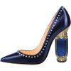 imageFSJ Women Bridal Pointed Toe Chunky Block High Heel Crystal Pumps Slip on Wedding Thick Comfort Evening Dress Studded Rivets ShoesBlue Matte Leather