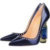 imageFSJ Women Bridal Pointed Toe Chunky Block High Heel Crystal Pumps Slip on Wedding Thick Comfort Evening Dress Studded Rivets ShoesBlue Matte Leather