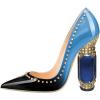 imageFSJ Women Bridal Pointed Toe Chunky Block High Heel Crystal Pumps Slip on Wedding Thick Comfort Evening Dress Studded Rivets ShoesBlueblack