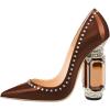 imageFSJ Women Bridal Pointed Toe Chunky Block High Heel Crystal Pumps Slip on Wedding Thick Comfort Evening Dress Studded Rivets ShoesBrown