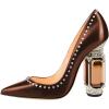 imageFSJ Women Bridal Pointed Toe Chunky Block High Heel Crystal Pumps Slip on Wedding Thick Comfort Evening Dress Studded Rivets ShoesBrown Matte Leather