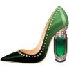 imageFSJ Women Bridal Pointed Toe Chunky Block High Heel Crystal Pumps Slip on Wedding Thick Comfort Evening Dress Studded Rivets ShoesEmerald Green