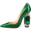 imageFSJ Women Bridal Pointed Toe Chunky Block High Heel Crystal Pumps Slip on Wedding Thick Comfort Evening Dress Studded Rivets ShoesGreen Matte Leather