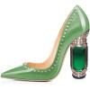 imageFSJ Women Bridal Pointed Toe Chunky Block High Heel Crystal Pumps Slip on Wedding Thick Comfort Evening Dress Studded Rivets ShoesGreen Rivets