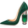 imageFSJ Women Bridal Pointed Toe Chunky Block High Heel Crystal Pumps Slip on Wedding Thick Comfort Evening Dress Studded Rivets ShoesOlive Rivets