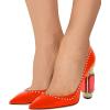imageFSJ Women Bridal Pointed Toe Chunky Block High Heel Crystal Pumps Slip on Wedding Thick Comfort Evening Dress Studded Rivets ShoesOrange