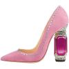 imageFSJ Women Bridal Pointed Toe Chunky Block High Heel Crystal Pumps Slip on Wedding Thick Comfort Evening Dress Studded Rivets ShoesPink Suede