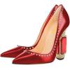 imageFSJ Women Bridal Pointed Toe Chunky Block High Heel Crystal Pumps Slip on Wedding Thick Comfort Evening Dress Studded Rivets ShoesRed Matte Leather