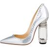 imageFSJ Women Bridal Pointed Toe Chunky Block High Heel Crystal Pumps Slip on Wedding Thick Comfort Evening Dress Studded Rivets ShoesSilver