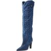 imageFSJ Women Pointed Toe Cowboy Boots Embroidered Chunky High Heel Knee High Boots Western Pull On Fashion Dress Shoes Size 416 USBlue Denim