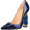 imageFSJ Women Bridal Pointed Toe Chunky Block High Heel Crystal Pumps Slip on Wedding Thick Comfort Evening Dress Studded Rivets ShoesBlue Matte Leather
