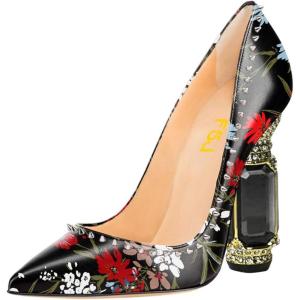 imageFSJ Women Bridal Pointed Toe Chunky Block High Heel Crystal Pumps Slip on Wedding Thick Comfort Evening Dress Studded Rivets ShoesBlack Flower
