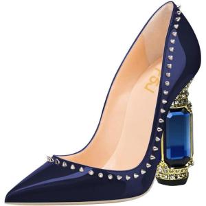 imageFSJ Women Bridal Pointed Toe Chunky Block High Heel Crystal Pumps Slip on Wedding Thick Comfort Evening Dress Studded Rivets ShoesBlue