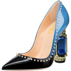 imageFSJ Women Bridal Pointed Toe Chunky Block High Heel Crystal Pumps Slip on Wedding Thick Comfort Evening Dress Studded Rivets ShoesBlueblack