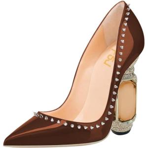 imageFSJ Women Bridal Pointed Toe Chunky Block High Heel Crystal Pumps Slip on Wedding Thick Comfort Evening Dress Studded Rivets ShoesBrown