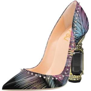 imageFSJ Women Bridal Pointed Toe Chunky Block High Heel Crystal Pumps Slip on Wedding Thick Comfort Evening Dress Studded Rivets ShoesFeather