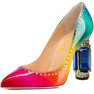 imageFSJ Women Bridal Pointed Toe Chunky Block High Heel Crystal Pumps Slip on Wedding Thick Comfort Evening Dress Studded Rivets ShoesMulticolor