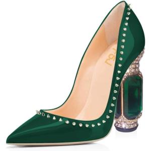 imageFSJ Women Bridal Pointed Toe Chunky Block High Heel Crystal Pumps Slip on Wedding Thick Comfort Evening Dress Studded Rivets ShoesOlive Rivets