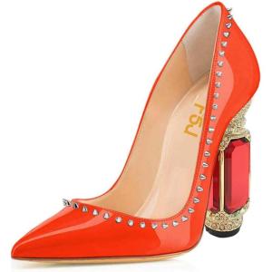 imageFSJ Women Bridal Pointed Toe Chunky Block High Heel Crystal Pumps Slip on Wedding Thick Comfort Evening Dress Studded Rivets ShoesOrange