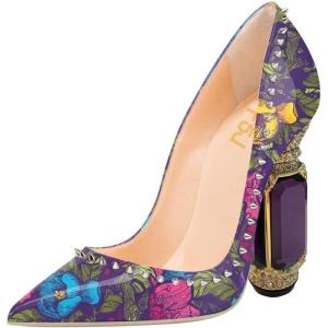 imageFSJ Women Bridal Pointed Toe Chunky Block High Heel Crystal Pumps Slip on Wedding Thick Comfort Evening Dress Studded Rivets ShoesPurple Garden