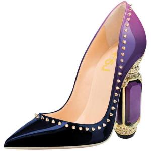imageFSJ Women Bridal Pointed Toe Chunky Block High Heel Crystal Pumps Slip on Wedding Thick Comfort Evening Dress Studded Rivets ShoesPurple Gradient