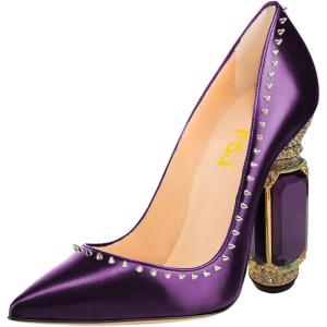 imageFSJ Women Bridal Pointed Toe Chunky Block High Heel Crystal Pumps Slip on Wedding Thick Comfort Evening Dress Studded Rivets ShoesPurple Matte Leather