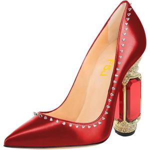 imageFSJ Women Bridal Pointed Toe Chunky Block High Heel Crystal Pumps Slip on Wedding Thick Comfort Evening Dress Studded Rivets ShoesRed Matte Leather