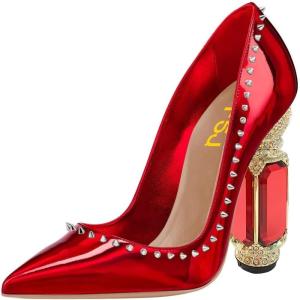 imageFSJ Women Bridal Pointed Toe Chunky Block High Heel Crystal Pumps Slip on Wedding Thick Comfort Evening Dress Studded Rivets ShoesRed Mirror