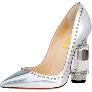 imageFSJ Women Bridal Pointed Toe Chunky Block High Heel Crystal Pumps Slip on Wedding Thick Comfort Evening Dress Studded Rivets ShoesSilver