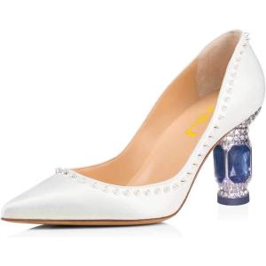 imageFSJ Women Bridal Pointed Toe Chunky Block High Heel Crystal Pumps Slip on Wedding Thick Comfort Evening Dress Studded Rivets ShoesWhitepu 10cm