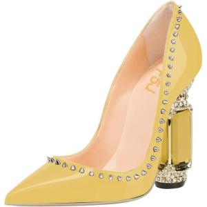 imageFSJ Women Bridal Pointed Toe Chunky Block High Heel Crystal Pumps Slip on Wedding Thick Comfort Evening Dress Studded Rivets ShoesYellow