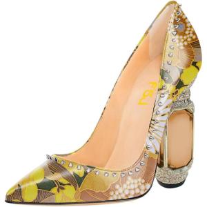 imageFSJ Women Bridal Pointed Toe Chunky Block High Heel Crystal Pumps Slip on Wedding Thick Comfort Evening Dress Studded Rivets ShoesYellow Flower
