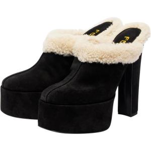 imageFSJ Women Comfort Platform Mules with Shearling Trim Suede Closed Round Toe Chunky High Heel Slip On Fashion Clogs Size 416 USBlack