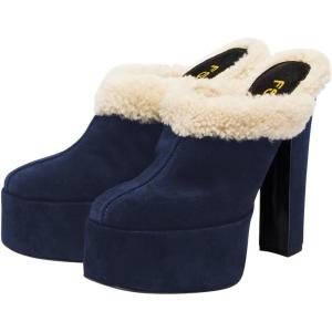 imageFSJ Women Comfort Platform Mules with Shearling Trim Suede Closed Round Toe Chunky High Heel Slip On Fashion Clogs Size 416 USBlue