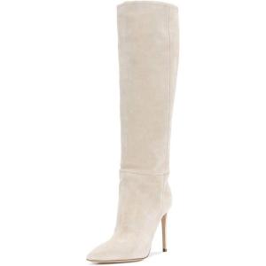 imageFSJ Women Comfy High Stiletto Heel Knee High Long Boots Closed Pointed Toe Pull On Classic Party Stretch Shoes Size 415 USWhite